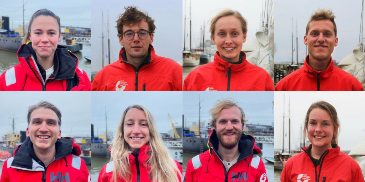 Eight head shots of Sea Rangers in uniform. Everyone is smiling. Photos were taken on an overcast day at a dock. You can see ships in the background of each photo.