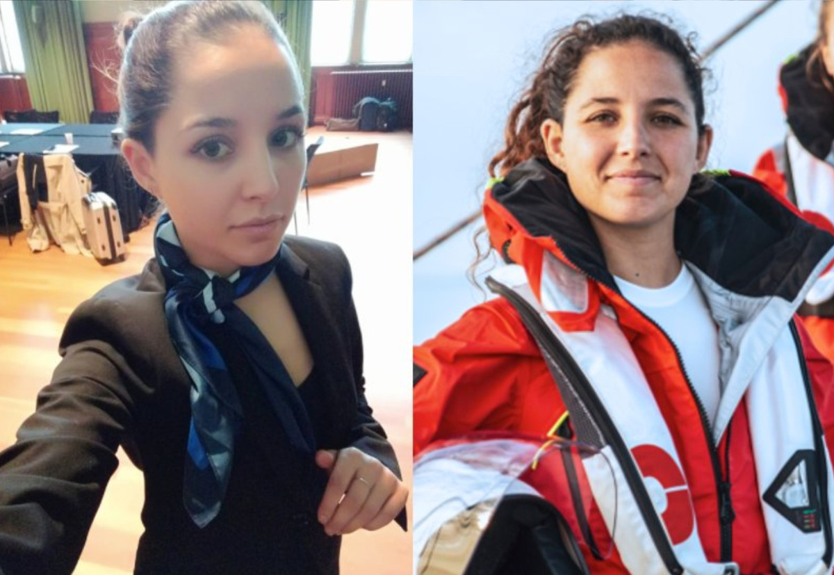 A split before and after photo of a Sea Ranger. On the left, she is dressed in her hostess uniform, and on the right, she is looking proud, dressed in her Sea Ranger uniform.