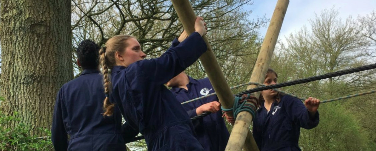 four bootcamp participants in a wooded outdoor environment, working together as part of a team-building exercise.