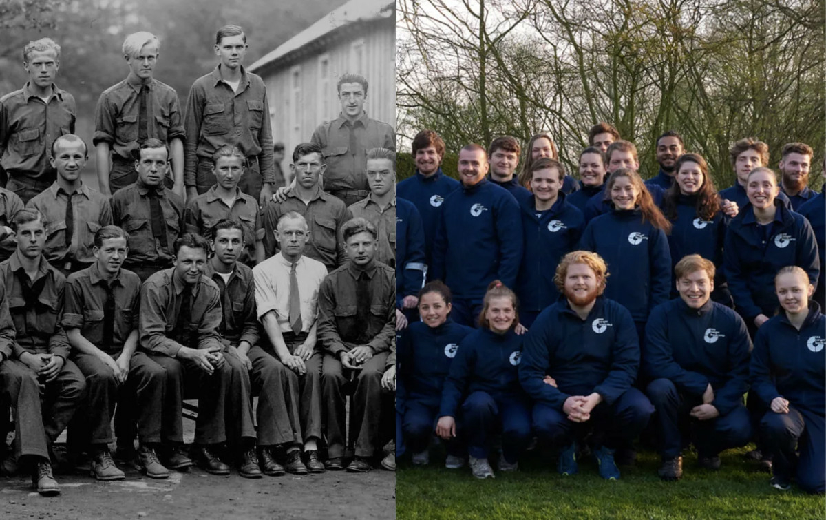 A split screen image. On the left is a black-and-white picture of the Civilian Conservation Corps, people who joined a US jobs programme initiated by US President Franklin D. Roosevelt in 1933. On the right, there is a colour photo of modern Sea Rangers in navy blue uniforms. Both groups of people are similarly posed for a group photo.