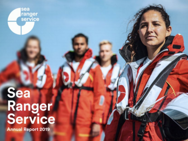 Front cover of the Sea Ranger Service annual report 2019. Image includes a group shot of Sea Rangers in uniform.