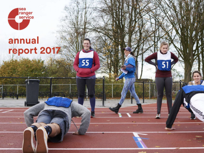 Front cover of the Sea Ranger Service annual report 2017. Image includes Sea Rangers training in bootcamp.